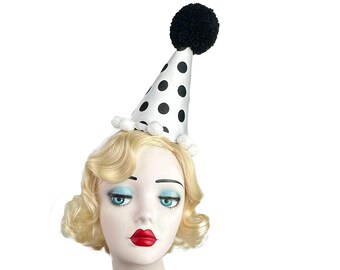 Black and White Polka Dot Clown Hat, Halloween Costume, Vintage Clown, Burlesque, Circus Costume, Clown Headpiece, Mini Clown Hat
