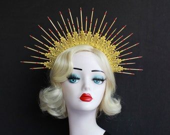 Red Crystal, 4" Gold Lace Halo Crown Headpiece, High Quality Theatrical Costuming, Virgin Mary, Bridal Crown, Festival Wear, Burning Man