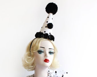 Black and White Polka Dot Clown Hat, Cirque Costume, Birthday Party Hat, Kids, Adults, Carnival, Scary Clown, Circus Hair Accessory