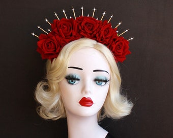 3" Gold Tiara with Velvet Red Roses, Halo Crown Headband, Virgin Mary, Bridal Crown, Festival Wear, Wedding Hair Accessory