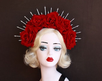 Red Rose Flower Crown, Silver Halo Crown, Bridal Crown Headband, Day Of The Dead Headdress, Virgin Mary Costume, Sugar Skull