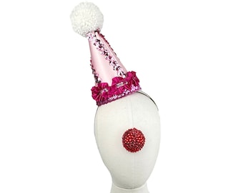 Chapeau de clown blanc et rose sur bandeau avec paillettes, accessoire pour cheveux de cirque, déguisement d'halloween, pompon fait main, accessoire photo, fête d'anniversaire