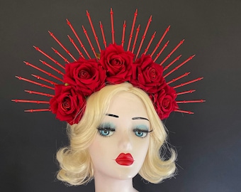 Red Halo Crown, Velvet Rose Hair Accessory, Sugar Skull Flower Crown, Día de los Muertos Head Dress, Valentine's Day Wedding, Virgin Mary
