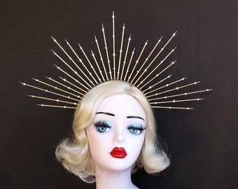 6" Gold Star Halo Crown, Gold Spike Crown, Bridal Crown, Crown Headband, Halo Headpiece, Virgin Mary Costume, With or Without Crystals