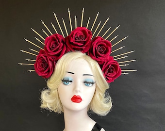 Flower Crown w Crystals, Dark Red Velvet Rose, 5" Inch Gold Halo Crown, Bridal Crown Headband, Day Of The Dead Headdress, Virgin Mary