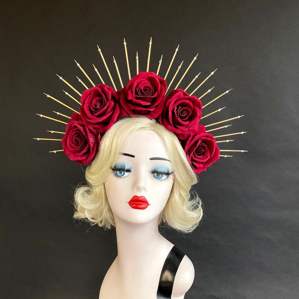 Flower Crown w Crystals, Dark Red Velvet Rose, 5" Inch Gold Halo Crown, Bridal Crown Headband, Day Of The Dead Headdress, Virgin Mary