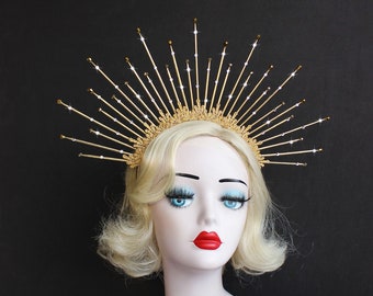 Crystal Tiara, Gold Lace Halo Crown Headpiece, Crystal Beaded Tips, Virgin Mary, Bridal Crown, Festival Fashion, Burning Man