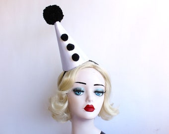 Perriot Clown Hat, Clown Hat, White and Black, Cirque Costume, Birthday Party Hat, Kids, Adults, Carnival, Scary Clown