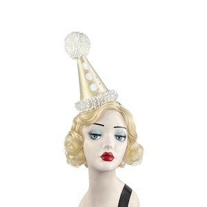 Gold and White Clown Hat, Birthday Party Hat, Circus Costume, Burlesque Headpiece, Perriot Clown