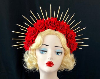 Red Rose Flower Crown, Halo Crown, Sugar Skull Flower Crown, Día de los Muertos Head Dress, Wedding Crown