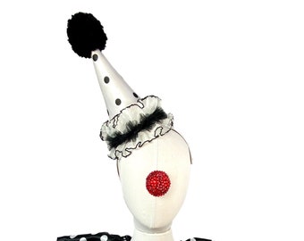 Frilly Black and White Clown Hat, Cirque Costume, Birthday Party Hat, Kids, Adults, Carnival, Burlesque Headpiece, Circus Hair Accessory