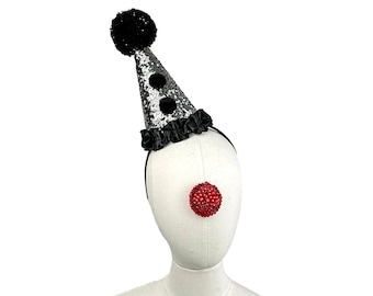 Mini chapeau de clown argenté et noir, Déguisement d'Halloween, fête d'anniversaire, enfants, adultes, carnaval, glam, accessoire de cheveux de cirque, casque burlesque