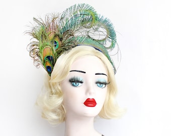 Blue Peacock Feather Fascinator Headband, Showgirl Headdress, Burlesque Costume, Great Gatsby, Art Deco, Burning Man, Drag
