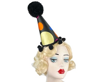 Multi Colored Polka Dot Clown Hat with Black Pom Poms, Halloween Costume, Circus Headpiece, Carnival Headwear, Goth Clowncore, Cosplay