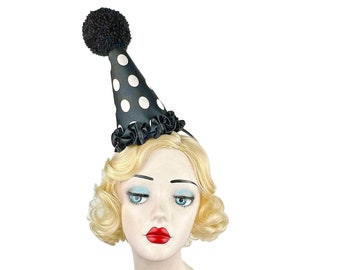 White and Black  Polka Dot Clown Hat, Halloween Costume, Vintage Clown, Burlesque, Circus Costume, Clown Headpiece, Mini Clown Hat