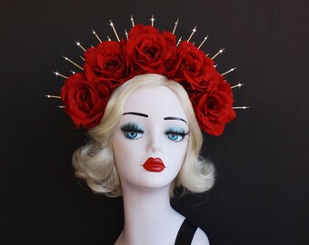 Gold and Red Rose Flower Crown, Halo Crown, Bridal Crown Headband, Day Of The Dead Headdress, Virgin Mary Costume, Sugar Skull