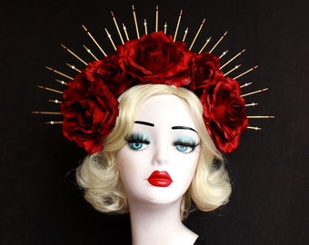 Dark Red Rose Flower Crown, Gold Halo Crown, Bridal Crown Headband, Day Of The Dead Headdress, Virgin Mary Costume, Sugar Skull