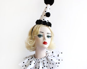 Black and White Polka Dot Clown Outfit, Hat, Collar, and Cuffs, Halloween Costume, Birthday Party Hat, Kids, Adults, Circus Costume