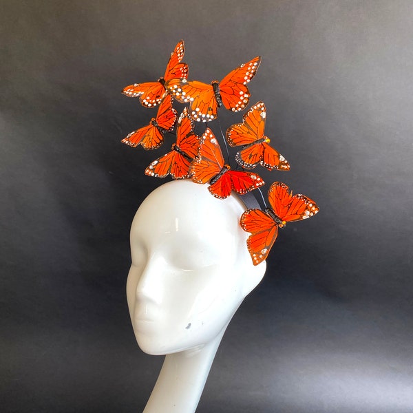 Small Orange Monarch Butterfly Cascading Headband with Swarovski Crystals, Butterfly Headdress, Hair Accessory, Festival Wear, Fairy Costume