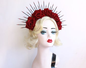 Sugar Skull Flower Crown, Día de los Muertos Head Dress, Red Rose Hair Accessory, Black Halo Crown, Halloween Wedding, Virgin Mary