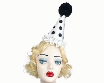 Clown Hut mit Polka Dots, Cirque Kostüm, schwarz und weiß, Geburtstag Partyhut, Kinder, Erwachsene, Karneval, Scary Clown, Zirkus Haarschmuck