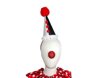 Red, Black, and White Clown Hat, Birthday Party Hat, Circus Costume, Burlesque Headpiece, Perriot Clown