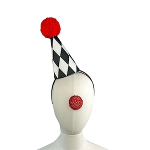 Mini Clown Hat, Black, White, Red,  Diamond Pattern, Circus, Halloween Costume, Adjustable Headband, Theatrical Costuming, Jester, ClownCore