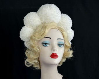 White Pom Pom Headband, High Fashion Hair Accessory, Vintage Circus, Clown Costume, Dance Headpiece, Surrealist Headdress