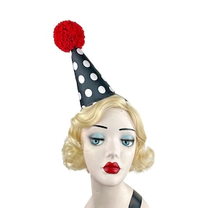 Mini Clown Hat, Black, White, and Red, Classic Circus, Halloween Costume, Adjustable Headband, Theatrical Costuming,
