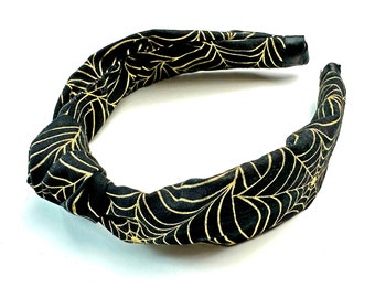 Spiderweb Knotted Headband, Goth Hair Accessory, Gothic Fashion, Black and Gold Web Headpiece