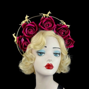 Hot Pink Rose Headband With Gold Horses, Kentucky Derby Hat, Hair Accessory, Royal Ascot Races, Halo Headpiece, Velvet Flowers