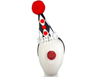 Chapeau de clown losanges rouges, blancs et noirs, Costume de cirque, Chapeau de fête d'anniversaire, Carnaval, Clown effrayant, Accessoire pour cheveux de cirque, Clown gothique, Bouffon