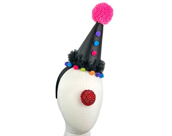 Clown Hat, Rainbow and Black, Cirque Costume, Birthday Party Hat, Kids, Adults, Carnival, Burlesque Headpiece, Circus Hair Accessory