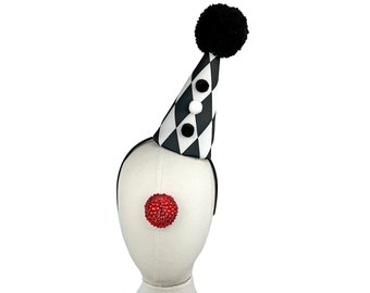 White and Black Diamond Clown Hat, Cirque Costume, Birthday Party Hat, Carnival, Scary Clown, Circus Hair Accessory, Goth Clown, Jester