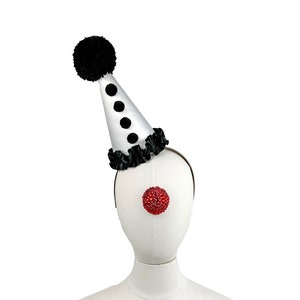 Clown Hat On Headband. Black and White, Circus Hair Accessory, Halloween Costume, Handmade Pom Pom, Birthday Party, Photo Prop image 1