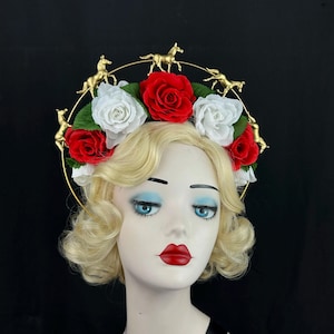 Red, White,and Green Rose Headband With Gold Horses, Kentucky Derby Hair Accessory, Ascot Races, Halo Headpiece, Silk Flowers, READY TO SHIP