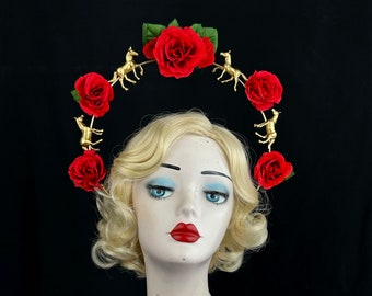 Silk Rose Headband With Gold Horses, Kentucky Derby Hair Accessory, Royal Ascot Races, Halo Headpiece, Red Flowers