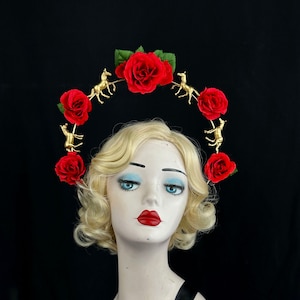 Silk Rose Headband With Gold Horses, Kentucky Derby Hat, Hair Accessory, Royal Ascot Races, Halo Headpiece, Red Flower Crown