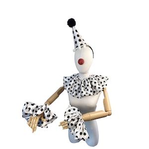 Black and White Polka Dot Clown Costume Set, High Fashion, Halloween Costume, Clown Hat, Clown Collar, Cuffs, Vintage Clown, Circus Costume