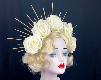 Ivory Velvet Rose Flower Crown w Crystals, 5" Inch Gold or Silver Halo Crown, Bridal Crown Headband, Day Of The Dead Headdress, Virgin Mary