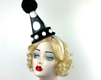 Polka Dot Clown Hat, Scary Clown Costume, Cirque, Kid's Birthday Party, Adult Halloween Costume, Mini Clown Headpiece, Black and White