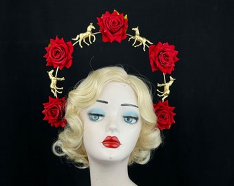 Red Rose Headband With Gold Horses, Kentucky Derby Hair Accessory, Ascot Races, Halo Headpiece, Velvet Flowers