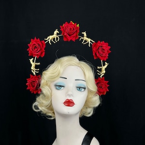 Gold Horses Headband, Kentucky Derby Hat, Red Rose Flower Crown Hair Accessory, Ascot Races, Halo Headpiece