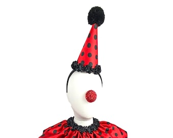 Schwarz Rot gepunkteter Clown Hut, Cirque Kostüm, Geburtstag Partyhut, Kinder, Erwachsene, Karneval, Scary Clown, Zirkus Haarschmuck