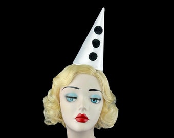 White Mini Clown Hat with Pom Poms, Halloween Costume, Circus Headpiece, Carnival Headwear