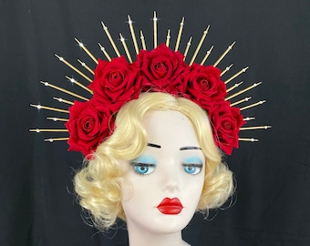 Red Velvet Rose Hair Accessory, Sugar Skull Flower Crown, Día de los Muertos Head Dress, Gold Halo Headband, Halloween Wedding, Virgin Mary