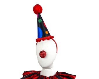 Black Multi Colored Polka Dot Clown Hat with Pom Poms, Halloween Costume, Circus Headpiece, Carnival Headwear