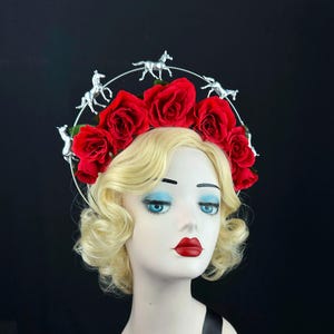 Red Rose Headband With Silver Horses, Kentucky Derby Hat, Hair Accessory, Royal Ascot Races, Halo Headpiece, Silk Flowers
