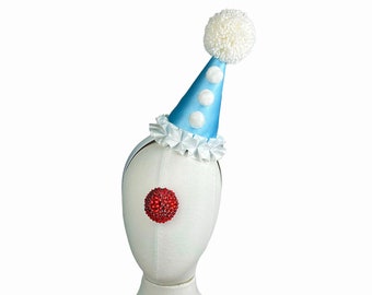 Chapeau de clown bleu clair, Costume de clown mignon, Costume de cirque, Chapeau de fête d'anniversaire pour enfant, Déguisement d'Halloween pour adulte, Mini chapeau de clown, Bleu layette