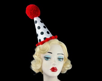 White and Black  Polka Dot Clown Hat, Halloween Costume, Vintage Clown, Burlesque, Circus Costume, Clown Headpiece, Mini Clown Hat
